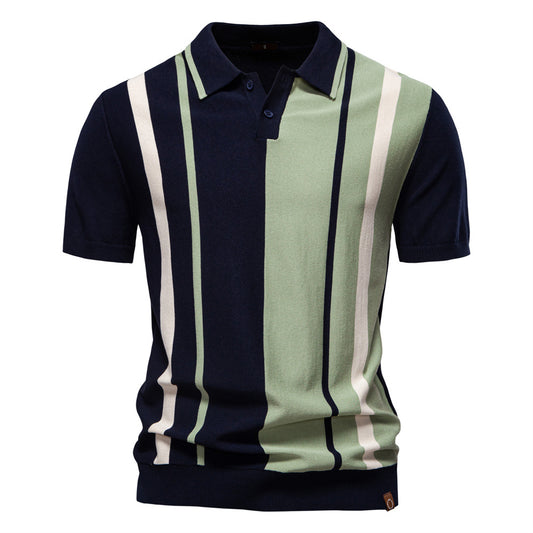 Men's Lapel Short Sleeve Knitted Polo Striped Stitching